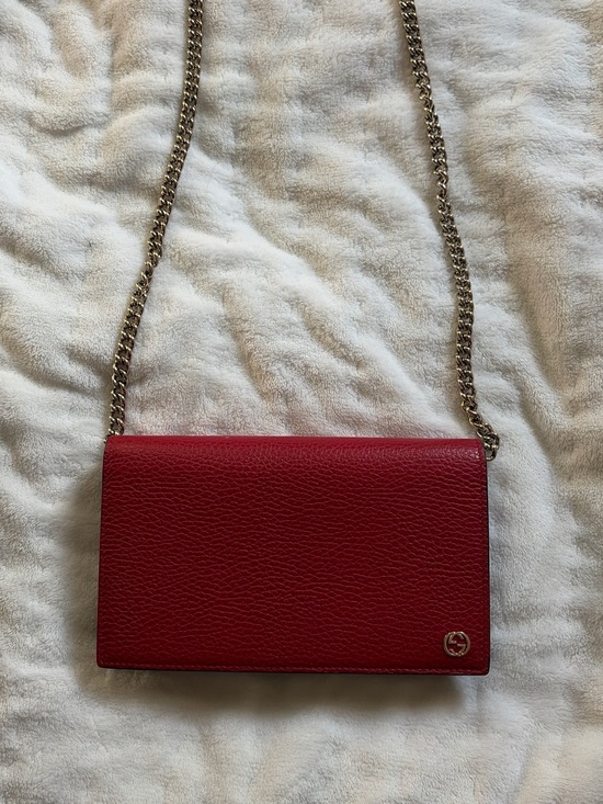 Gucci Handbags - Gucci Red Leather Chain Crossbody Wallet with Gold-Tone Chain